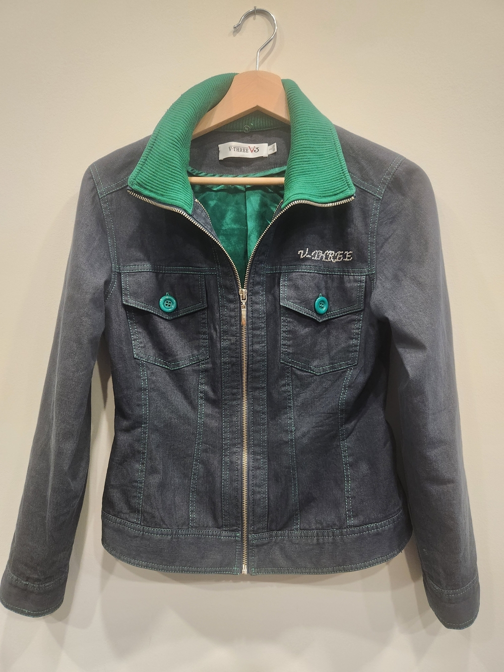 Indigo Denim Jacket with Green Collar Size 7
